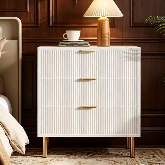 Modern 3 Drawer Fluted Nightstand with Gold Handles and Legs, Bedside Table with Storage for Bedroom and Living Room,White