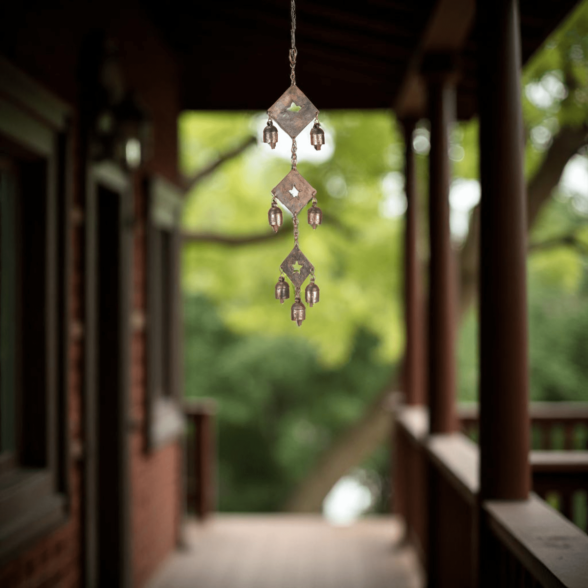 Vivanta Rustic Metal Wind Chime – Triple Diamond Star Cutouts with Bells – Bronze Outdoor Garden Decor – Wind Chimes for Outside, Porch, Yard, Balcony, Memorial or Garden Gift 19 x 4.5 Inch