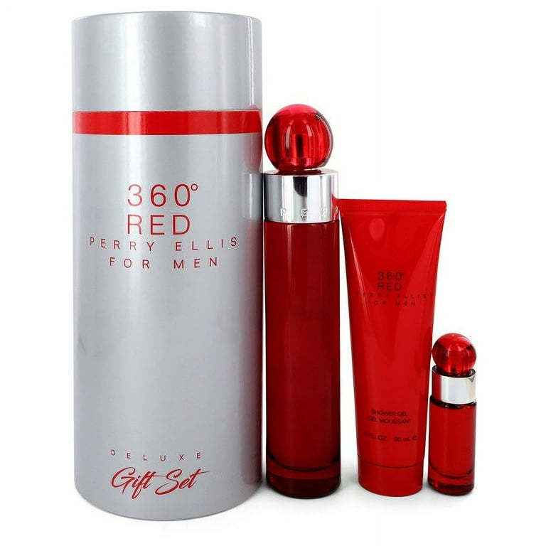 Perry Ellis 360 Red by Perry Ellis Gift Set -- 3.4 oz EDT Sp + .25 oz Mini  EDT Sp + 3 oz Shower in Tube Box for Men 