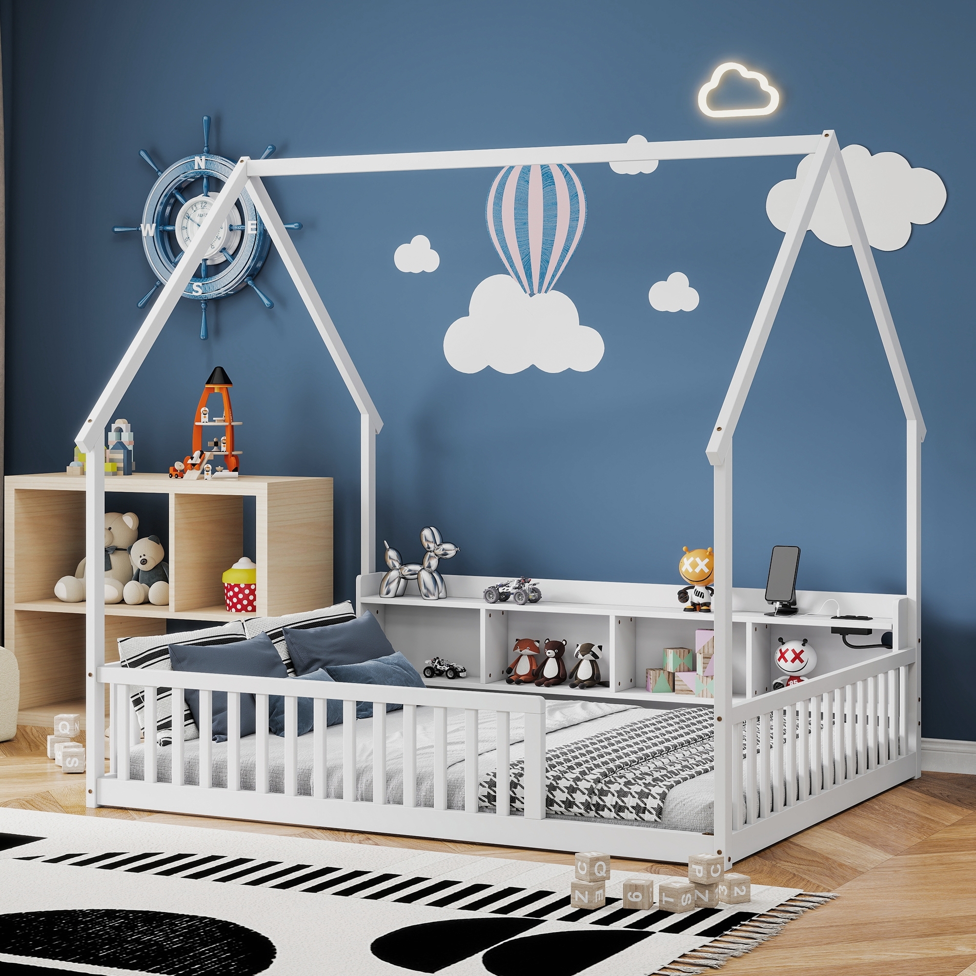 Leumius Full Size House Floor Bed with Storage Shelves,Built-in LED Lights & Charging Station,Pine Wood Floor Bed Frame with Safety Guardrails for Kids Bedroom White