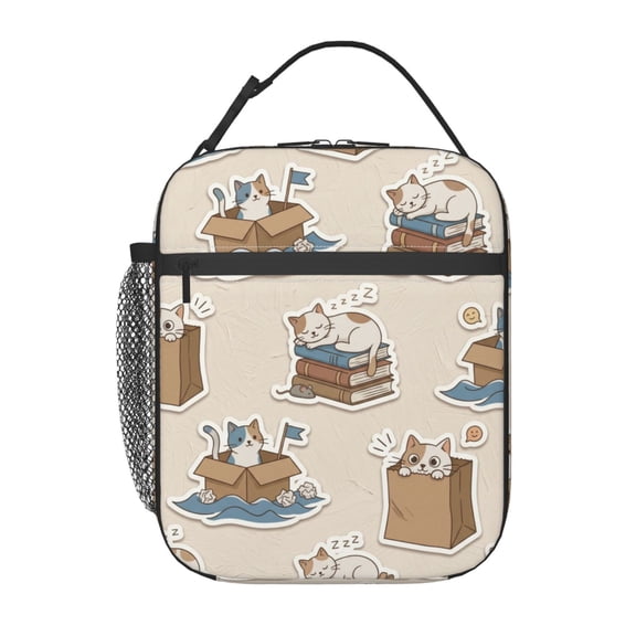Cute Cat Lunch Bag Portable Handheld Reusable Insulated Cooler Tote Front Pocket Work Office Picnic Food Container Travel