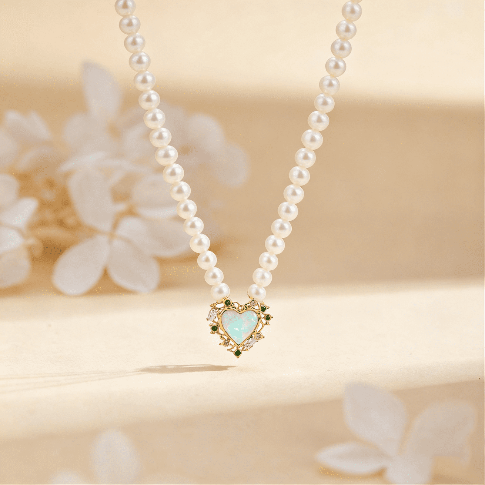 Pearl & Opal Heart Necklace with Zirconia, 14K Gold Plated 925 Sterling Silver,Adjustable Chain Romantic Birthstone Jewelry Gift for Women