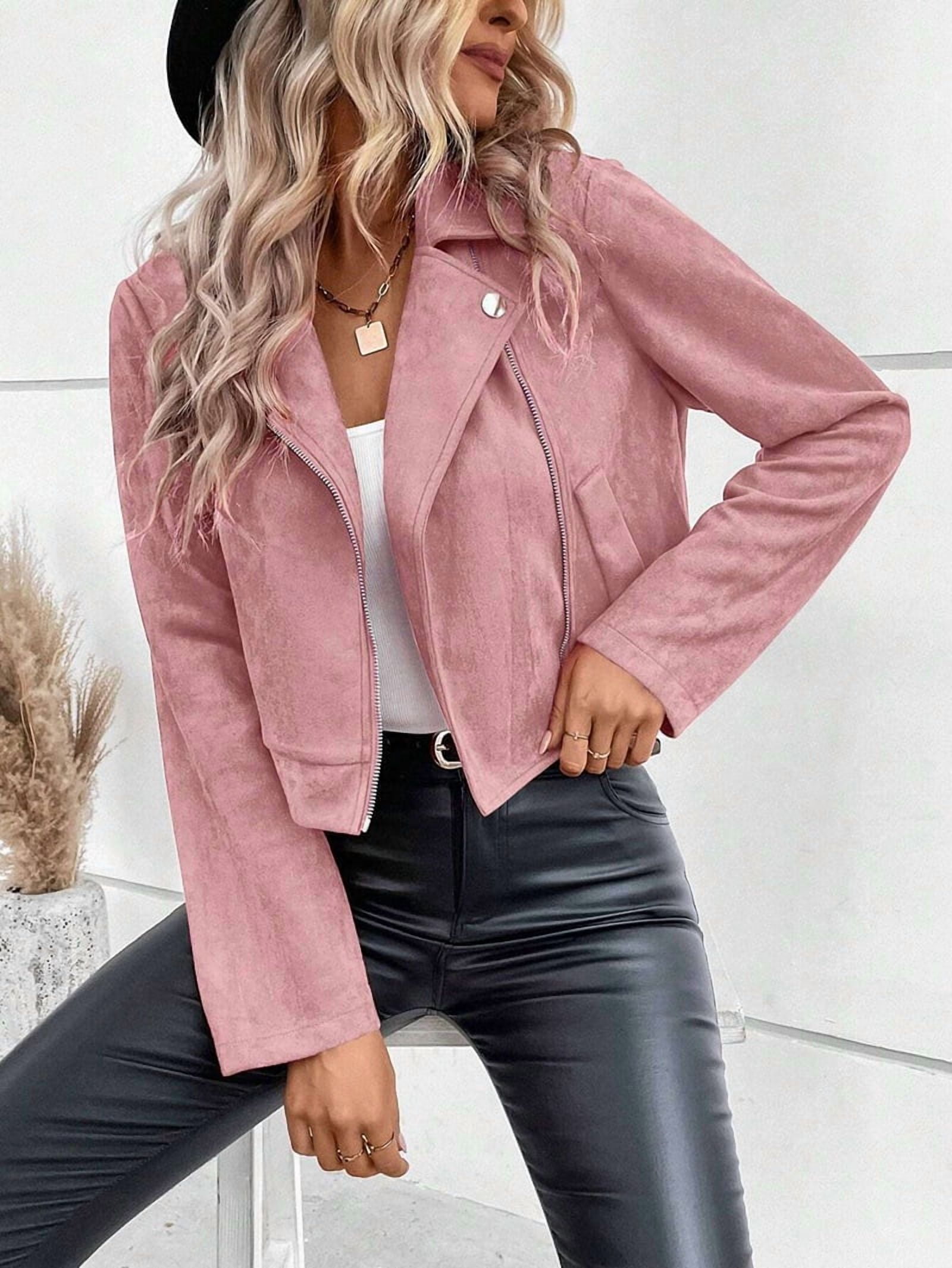 Women'S Cropped Zipper Long Sleeve Suede Faux Leather Blazer Jacket Autumn Fashion Outerwear Pink S