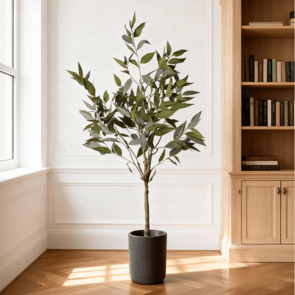 5FT Artificial Eucalyptus Tree with Black Plastic Pot, Realistic Fake Potted Plant for Home Office Indoor Decoration, Lush Green Faux Tree, 1pc/set