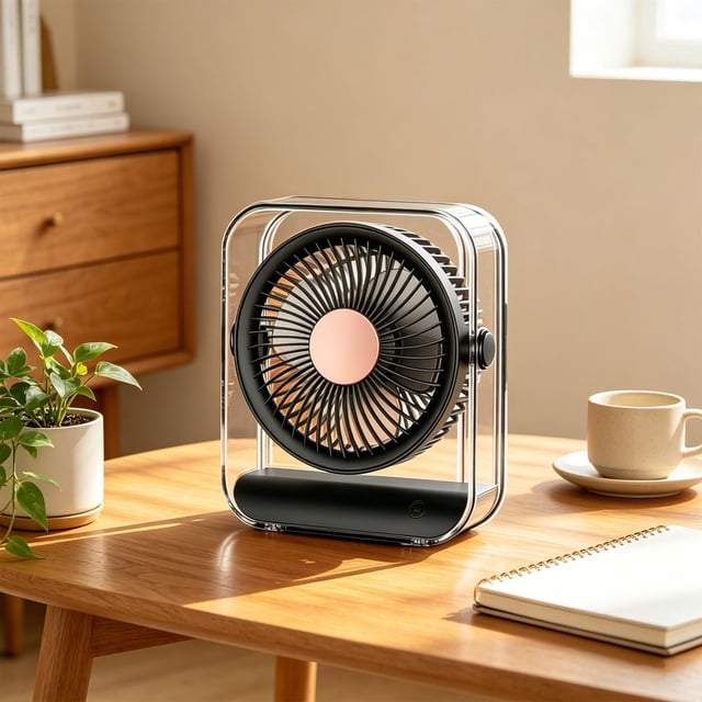 Ventilador de escritorio mini portátil con recarga USB, rotación de 360°, funcionamiento silencioso, diseño transparente, adecuado para oficina, dormitorio y uso al aire libre.