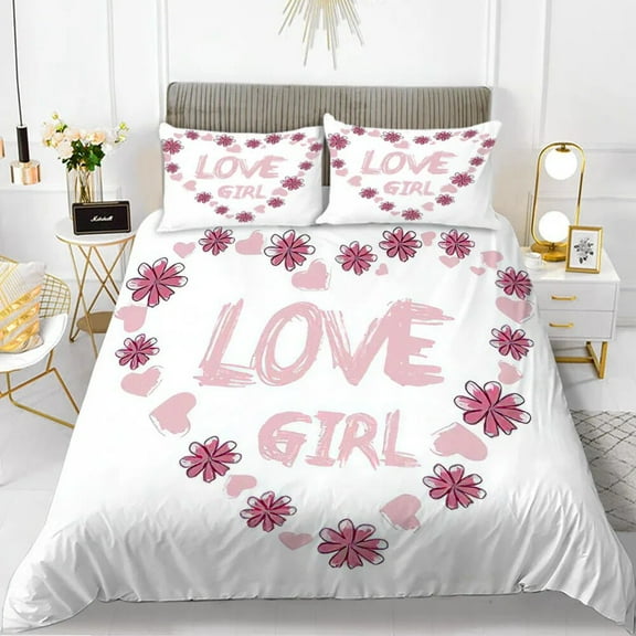 Love Theme Duvet Cover Set King Size Heart Shape tic Letters Pink Flower for Kids Couples Polyester Bedding Set