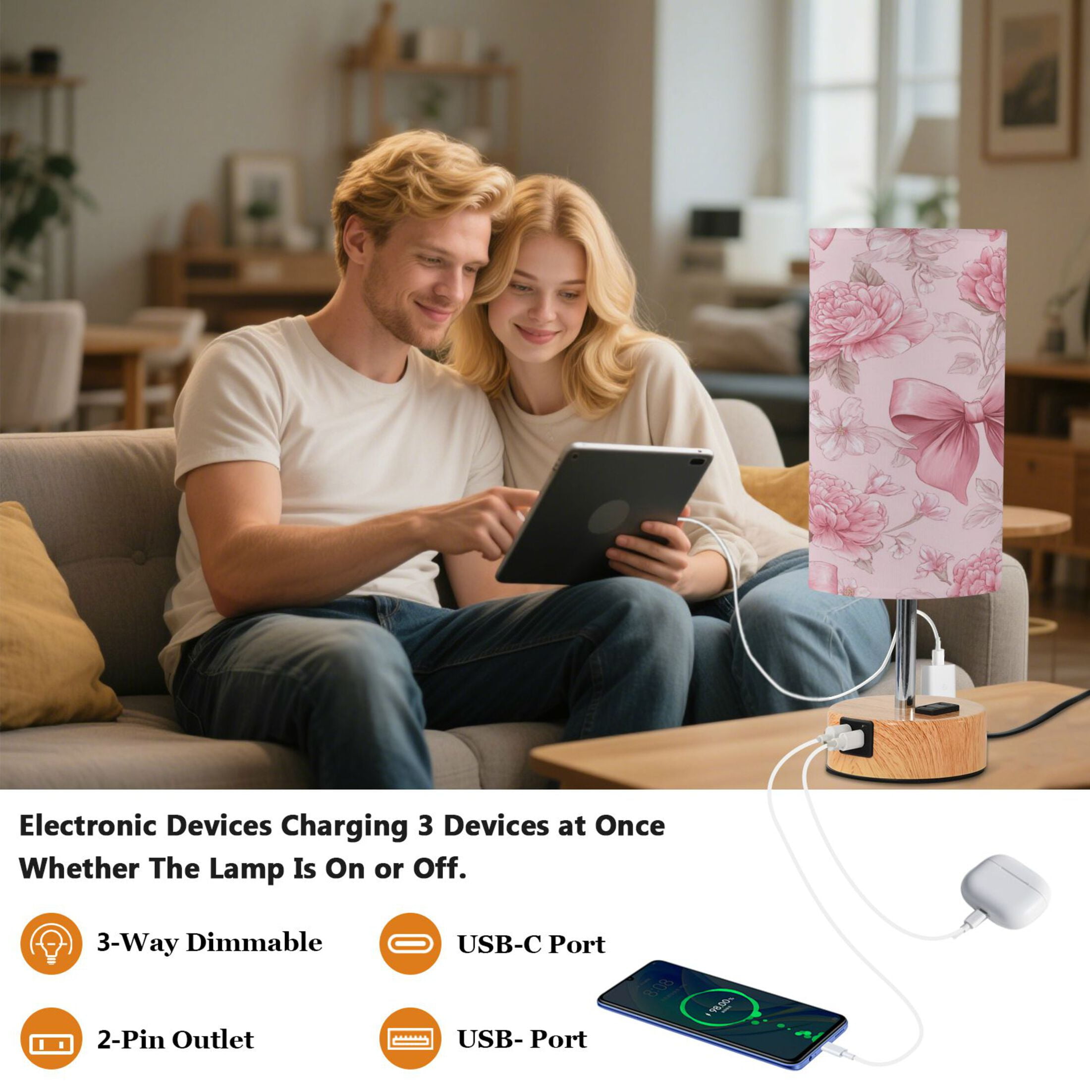 Touch-Control 3-Color Desk Lamp with Plug – Energy-Saving LED + 3 Simultaneous Charging Ports Pink Bows and Peony Flowers