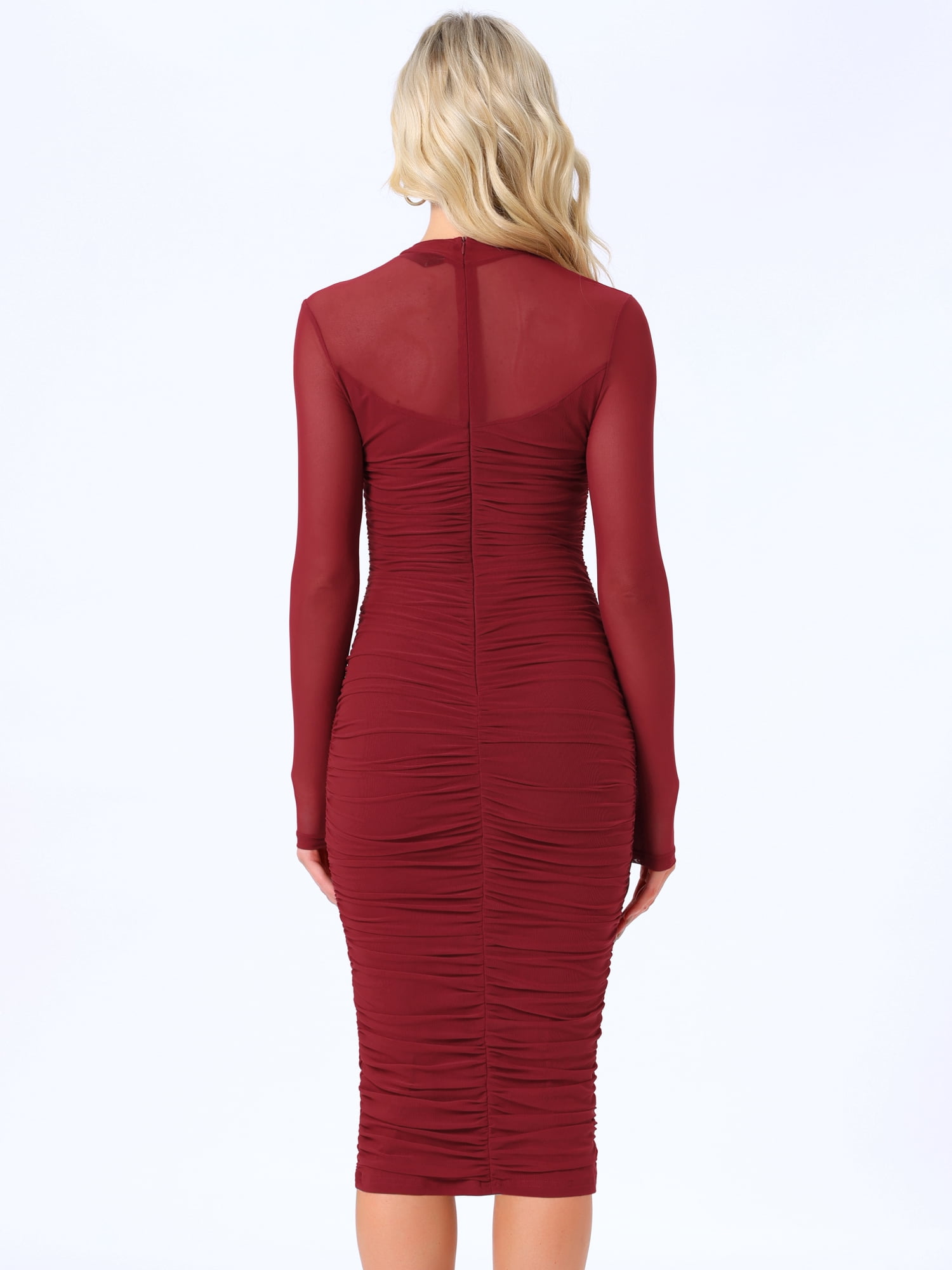 DARING DIVA Mesh Ruch Elegant Cocktail Bodycon Dress S Dark Red