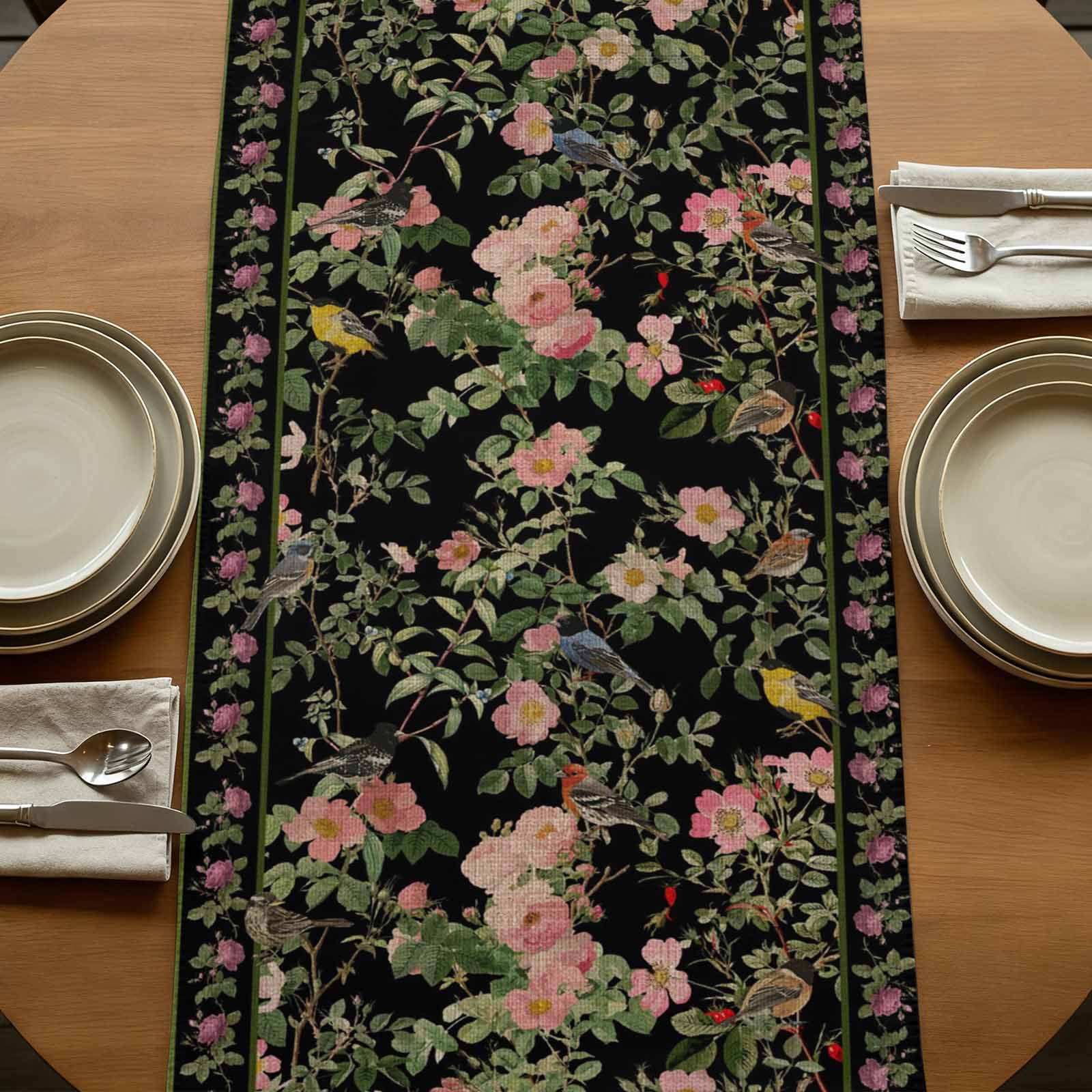 Black Spring Floral Burlap Cotton Table Runner 13x90 Inches Long, Elegant Pastoral Flowers Birds Retro Art Farmhouse Table Runners, Outdoor Dining Tablecloths Decor for Baby Shower/Party/Wedding