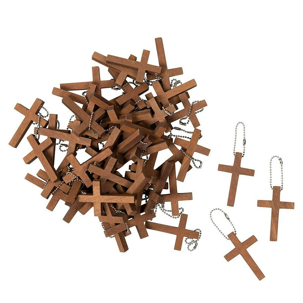 50Pack Cross Keychains 1.2 x 1.75Inch Wooden Cross Key Chain