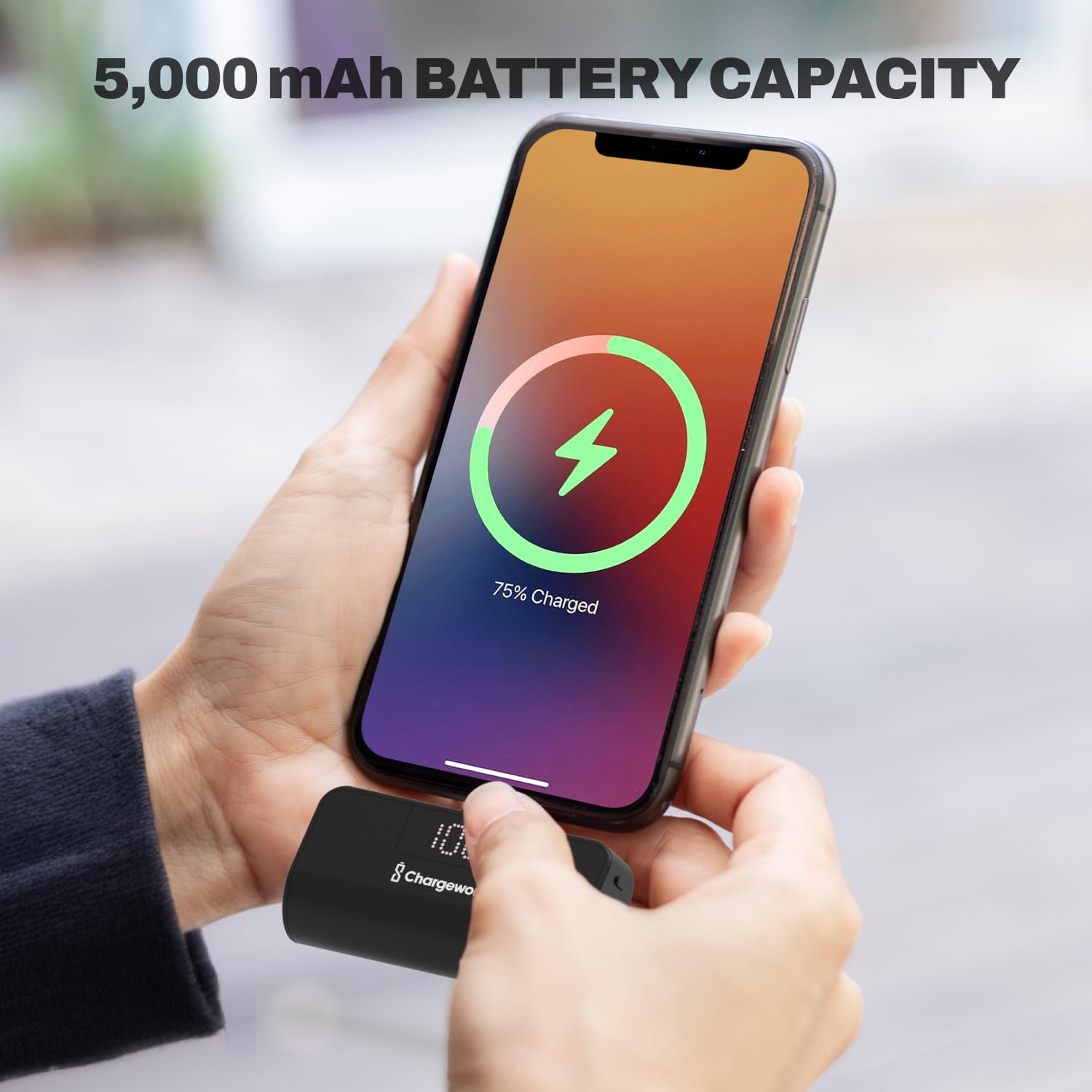 CHARGEWORX Mini Portable Charger Power Bank with Built-in USB-C Connector, LCD Display for Battery, 5000mAh, Fast Charging, Small & Compact Design