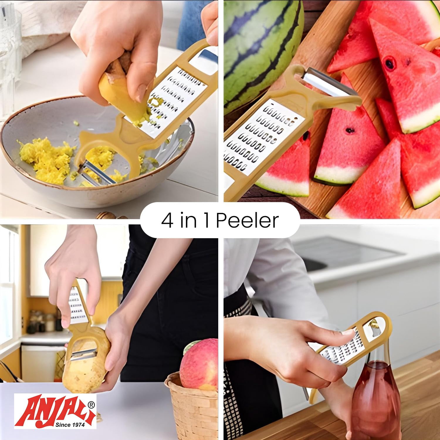 Anjali 4 Piece Kitchen Tool Set, Coconut Scraper, Peeler, 9 Inch Knife and Plastic Strainer, Food Preparation Set
