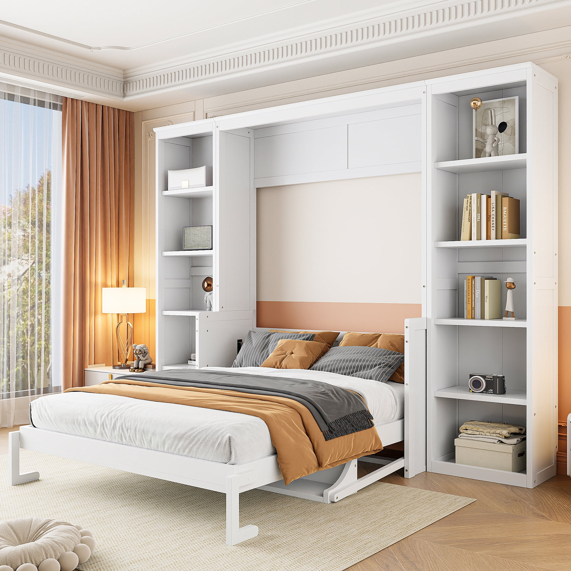 Euroco Wood Full Size Murphy Bed with Desk and Shelves, Space-Saving Wall Bed for Bedroom
