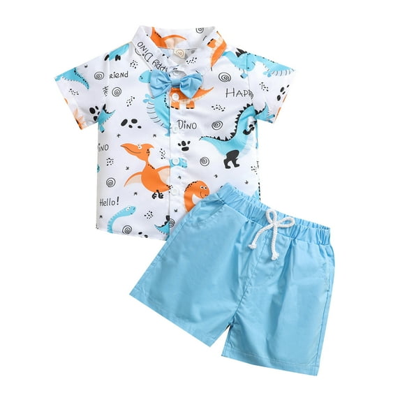 Franhais Baby Boys Summer 2PCS Pants Suit, Short Sleeve Dinosaur Button-Down Folded Collar Bow Blouse and Plain Drawstring Short Pants
