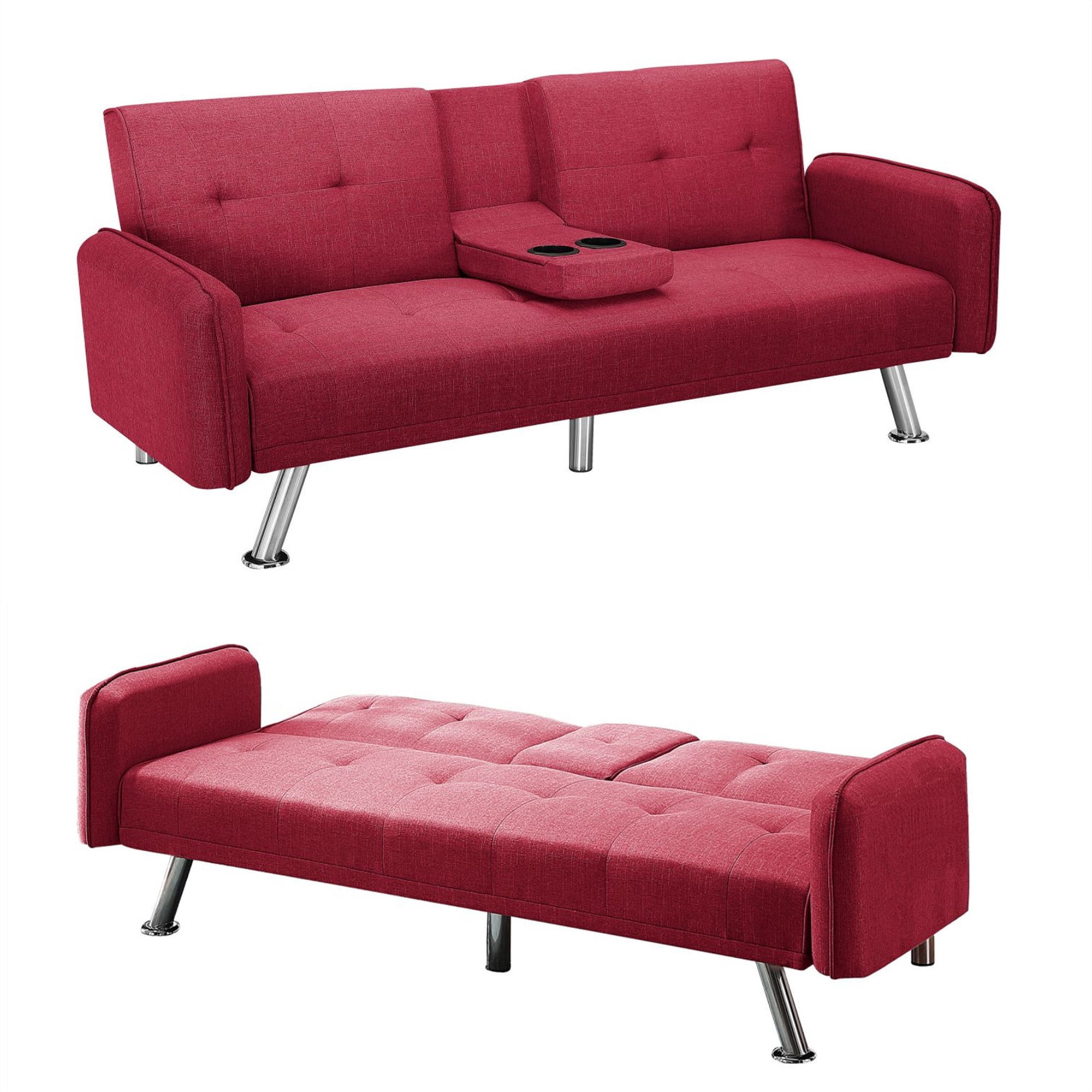 Aukfa 75" Square Arm Futon Convertible Sofa Bed for Home Office, 2 Cup Holders, Linen, Red