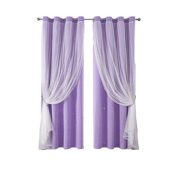 Double Layered Sheer Curtains Blackout Curtains Lace Sheer Curtains Sunshade Star Curtains Solid Color Curtains for Indoor Living Room and Bedroom (Purple 51x40Inch)