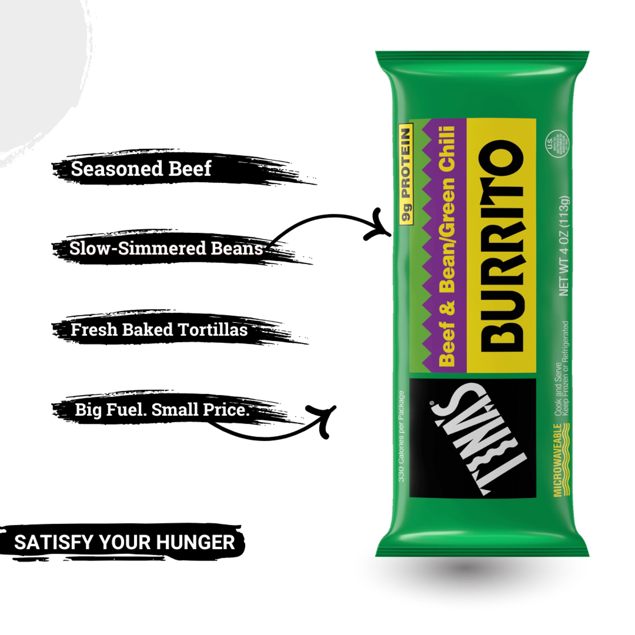 Tina’s Frozen Beef & Bean Green Chili Burrito, 9g Protein, 4 oz