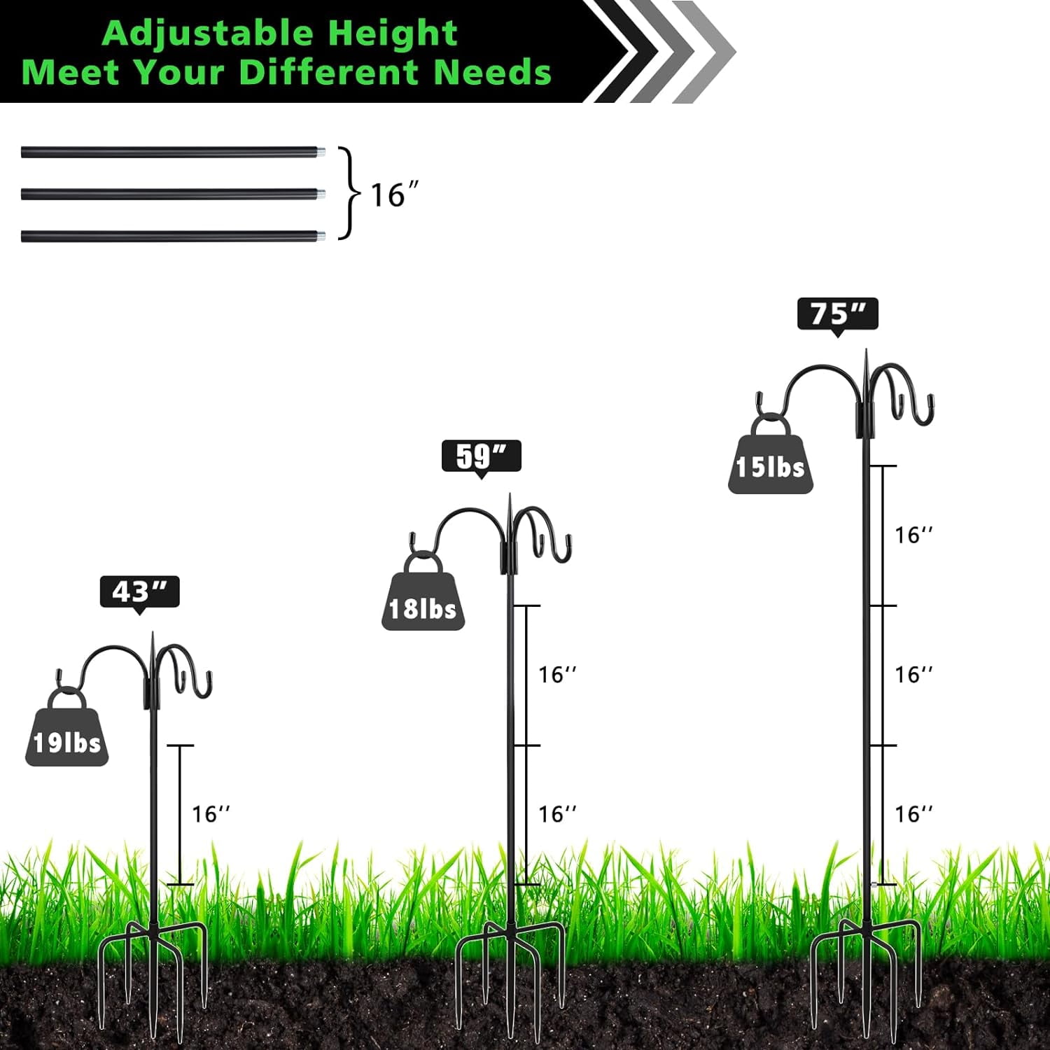 [Upgrade Version 76 Inch Three Shepherd Hooks for Outdoor,Bird Feeder Pole with 5 Prong Base, Adjustable Shepard Hooks for Hanging Plant, Solar Lanterns, Wind Chimes, 1 Pack