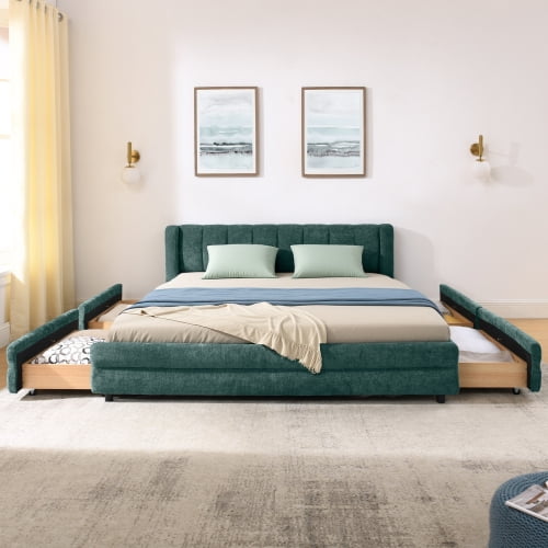 Queen Upholstered Bed Frame with Storage Drawers, Modern Platform Bed with Soft Chenille Fabric Headboard, Solid Wood Slat Support, No Box Spring Needed, for Bedroom, Blue+Green