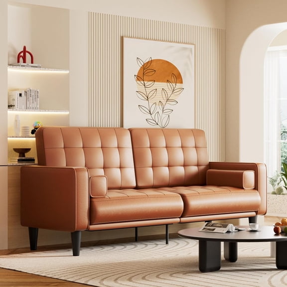 70” Mid-Century Modern Couch, Breathable Faux Leather Couch with Upholstered Cushions/Pillows, Loveseat Sofas & Couches, for Living Room (Yellow)