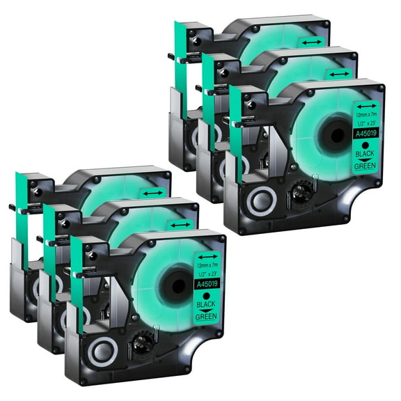 GREENCYCLE 6PK Compatible for DYMO D1 Label Tape 45019 12mm 7m Black on Green for LabelManager LabelPoint LabelWriter Label Maker