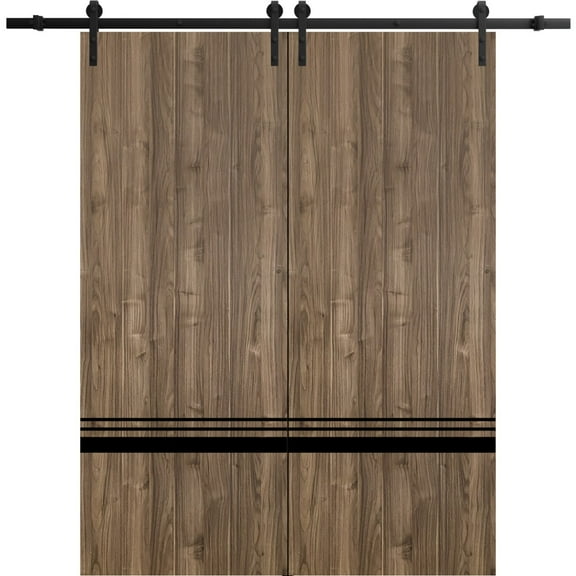 Sturdy Double Barn Door 36 x 80 inches with | Planum 0012 Walnut with Frosted Glass | 13FT Rail Hangers Heavy Set | Solid Panel Interior Doors
