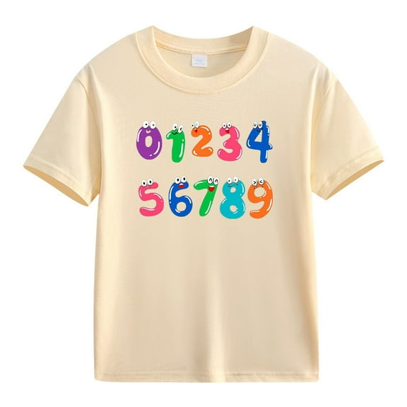 PINQI Children Comfortable Blouse Short Sleeve Number Day Girls and Boys Kids T Shirts Fun Colorful Numbers Summer Fashion Clothes(Beige,4-5 Years)