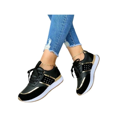 

Woobling Womens Sneakers Lace Up Casual Shoes Patchwork Walking Shoe Running Flats Lightweight Fashion Sneaker Round Toe Comfortable Black 5.5