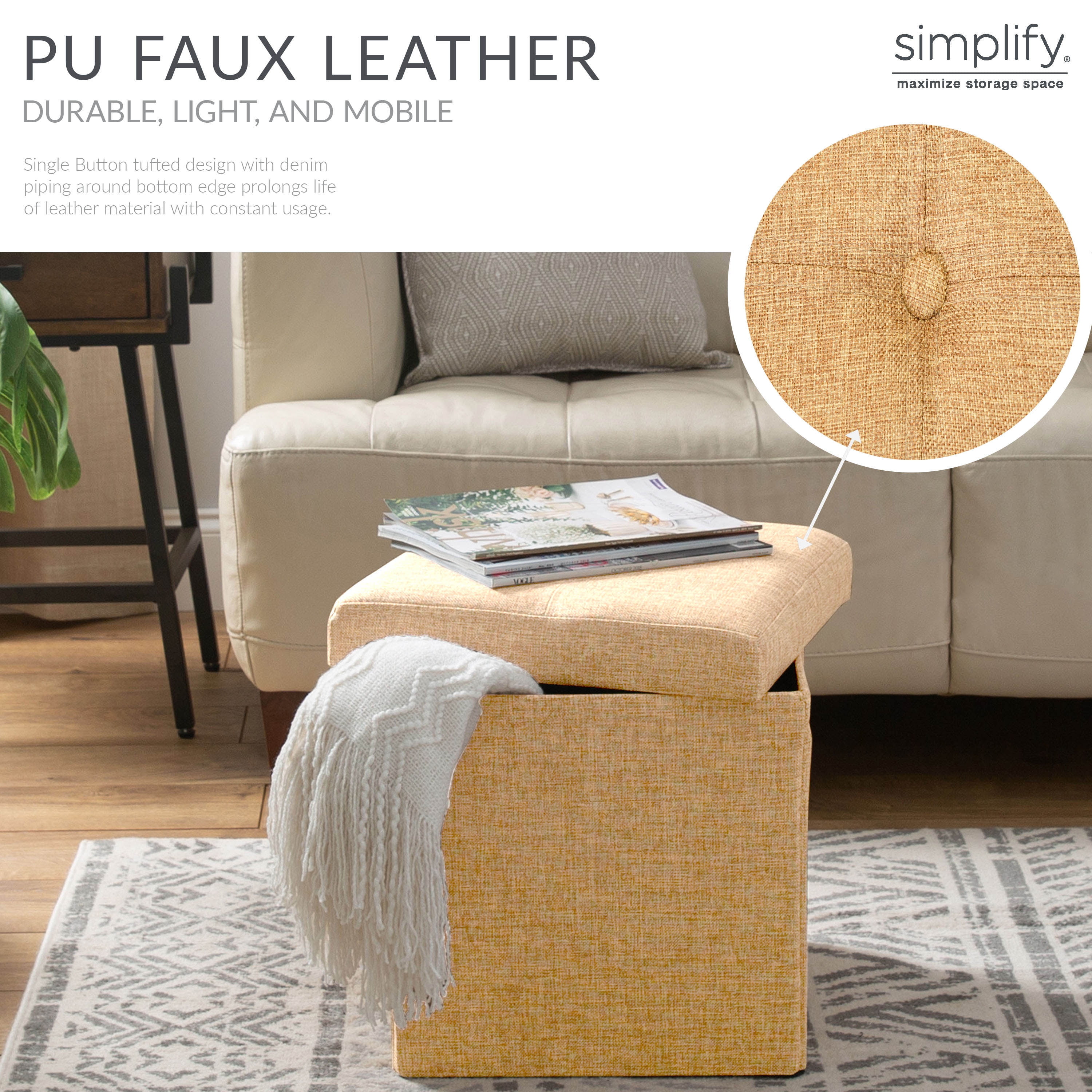 Simplify Faux Linen Folding Storage Ottoman Cube in Camel