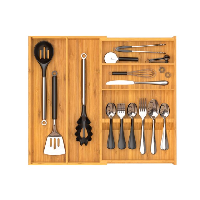 Yofidra Pure Bamboo Silverware Drawer Organizer: 16.9x18.9 Expandable Large Silverware Utensil Tray Holder, 5-Compartment with 6 Card Slots Flatware Organizer Kitchen Organize