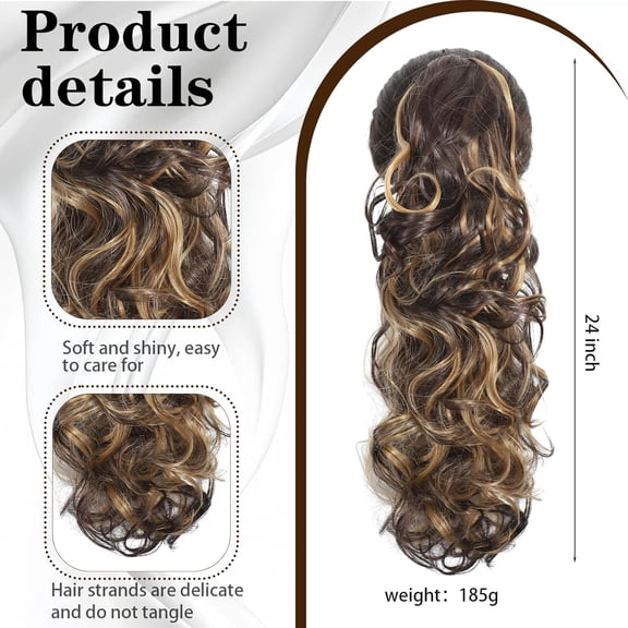 WEIF-Claw Clip Chocolate Brown with Highlights Ponytail Extension for Women Long Wavy Pony Tails Hair Extensions Fluffy Natural Looking 24 Inch hair extensions ponytail for Daily Use