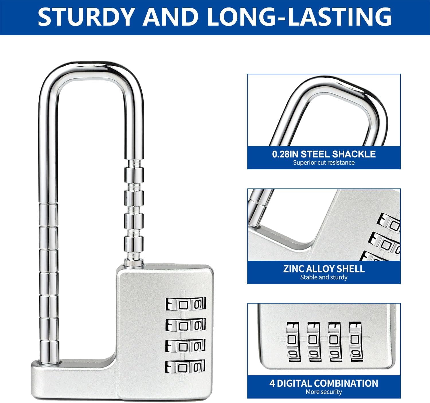 ABCISI Combination Padlock with Adjustable Shackle to Fit Different Locking Points, Zinc Alloy Versatile Lock for Cabinet Bike Gym Fences & Gate, Compact Size Can be Easily Carried and Stored, Silver