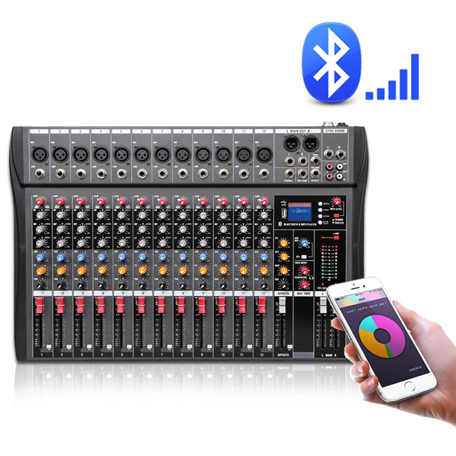 12-Channel Stereo Mixer, Professional BT Audio Mixer for Studio, DJ Sound Mixing Console with USB Interface 110V