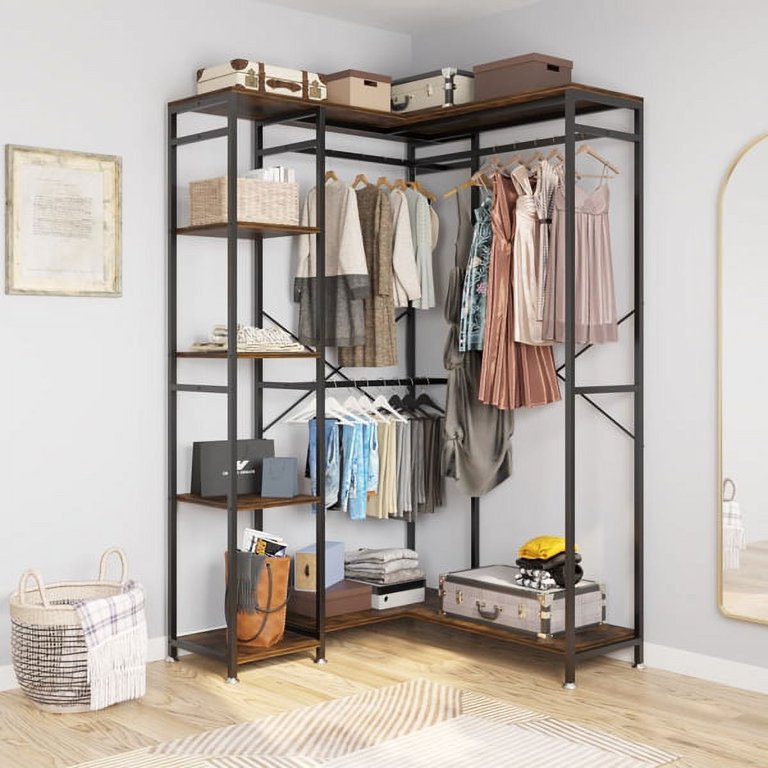 HOKEEPER 650lbs Capacity Free Standing Closet Organizer with 6 Metal Shelves and Coat Rack Heavy Duty Clothing Rack for Hanging Clothes Closet