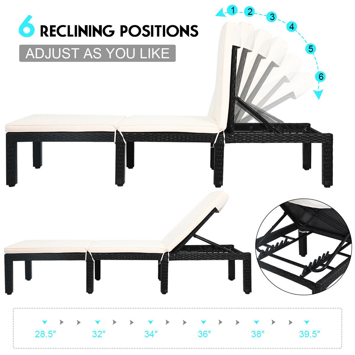 Adjustable 2PCS Patio Garden Rattan Lounge Chair Chaise Couch Cushioned Height - image 5 of 8