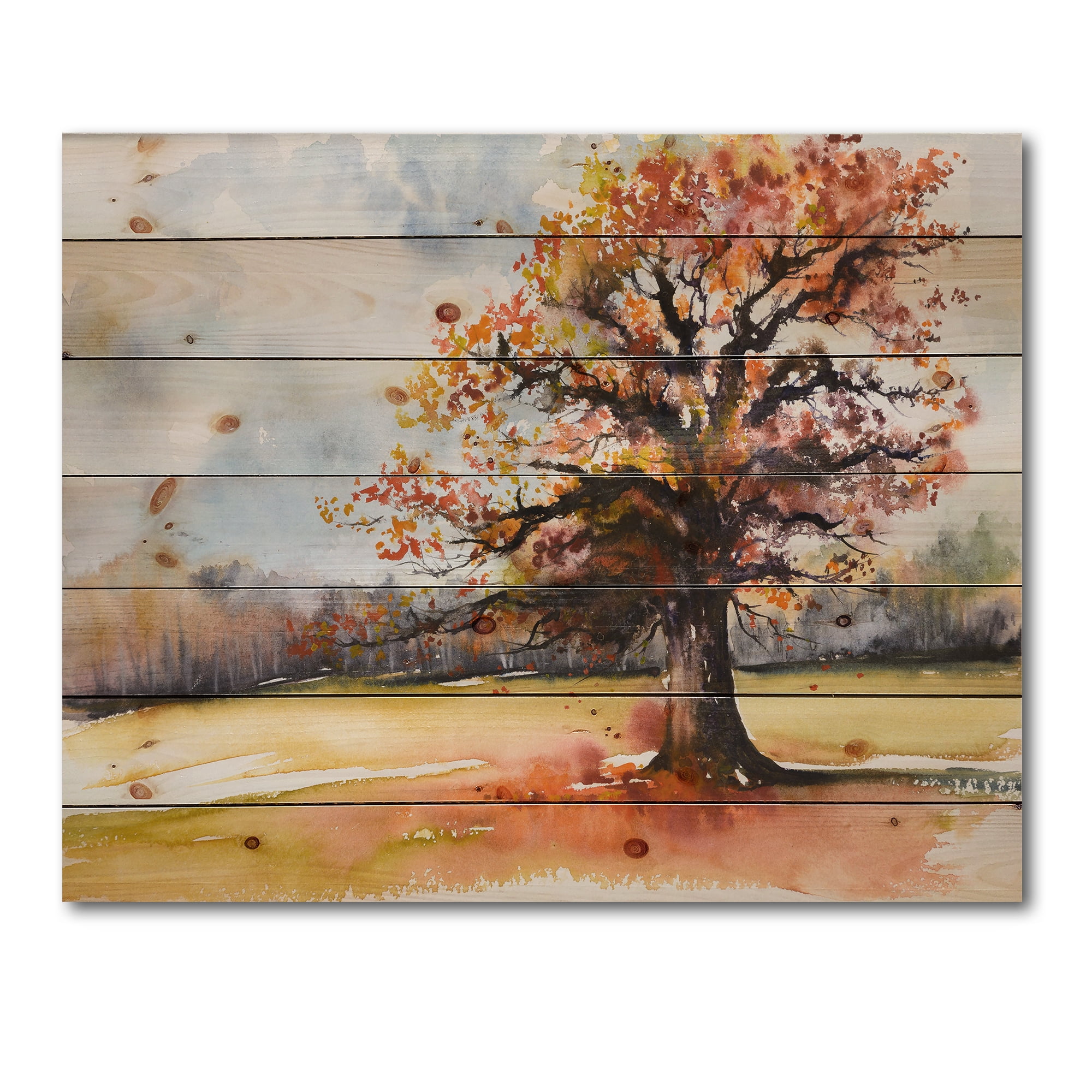 Designart 'Lone Oak Tree In The Fields With Autum Leaves' Traditional Print on Natural Pine Wood