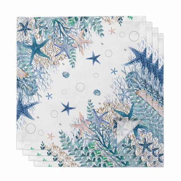 Teal Blue Coastal Cloth Napkins, Summer Beach Nautical Coral Starfish Washable and Reusable Dinner Napkins Set of 4, Table Napkin for Kitchen Party Birthday Wedding Hotel Housewarming 20"x20"