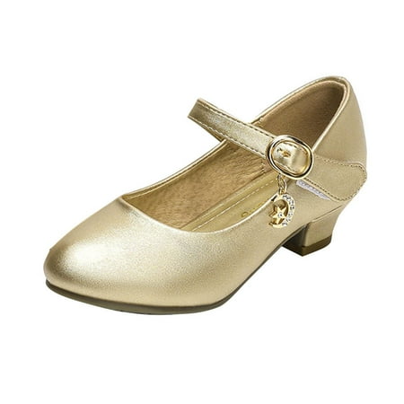ATOGUTA Girls Formal Shoes Gold Faux Leather Shoes Princess Dress Mary Jane Shoes Kids Low Heels Wedding Dance Shoes with Buckle