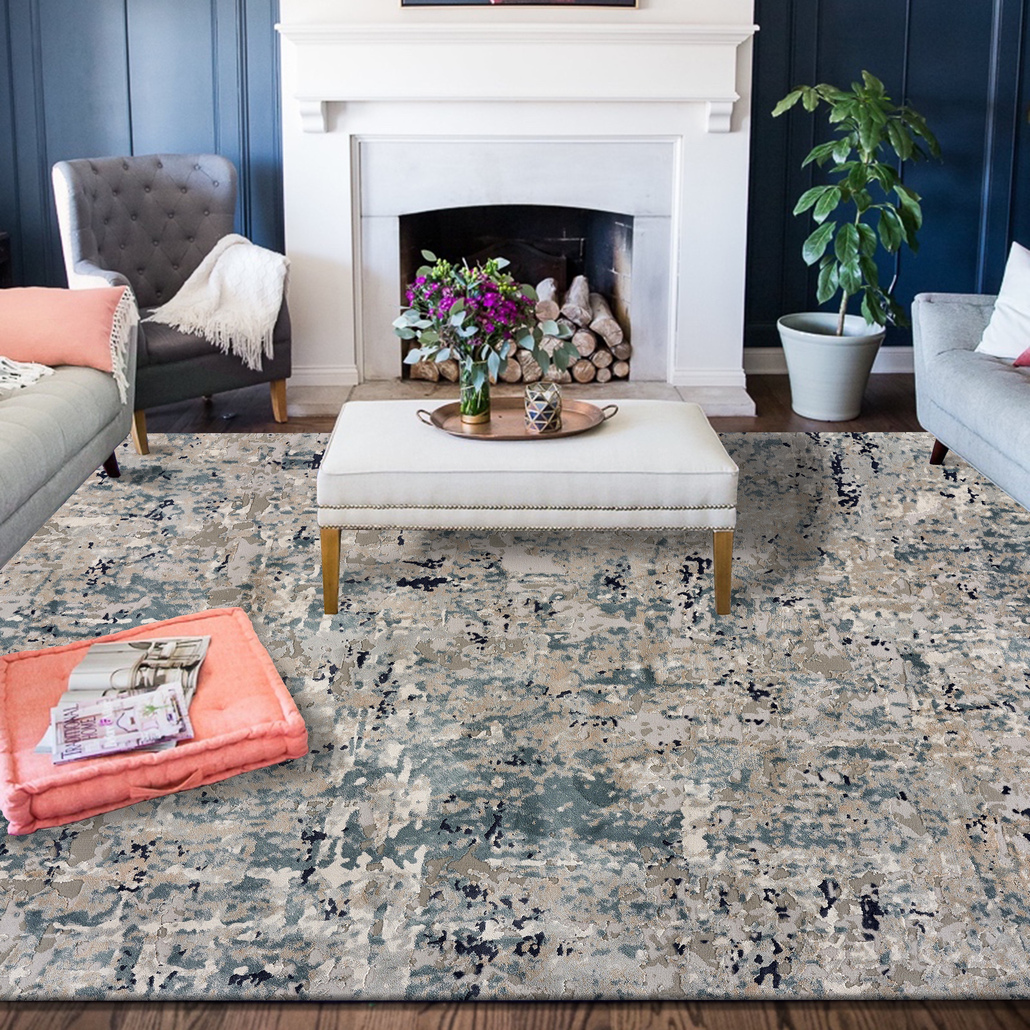 Lr Home Neutral Distressed Abstract Accent Rug, Gray / Blue, 1'10" x 3'