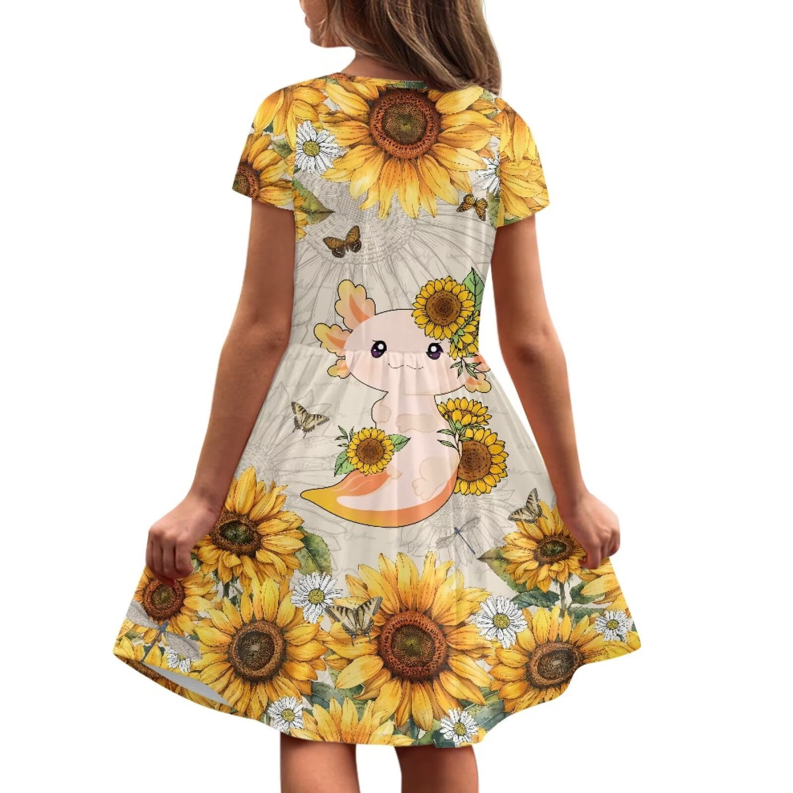 Uourmeti Axolotl Sundress Kids Cute Short Sleeve Swing Dress Sunflower Crewneck Knee Length A-Line Dresses with Pockets for Girls Toddlers Teens