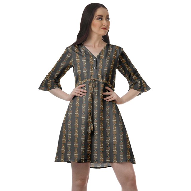 Moomaya Women Printed Drawstring Mini Dress V Neck Ruffle Sleeves Summer Dress