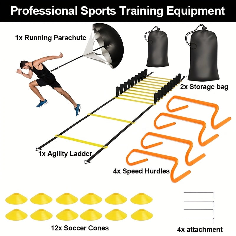 Speed & Agility Ladder Training Equipment Set, Includes 20ft Agility Ladder, 4 Agility Hurdles, 12 Disc Cones, 1 Resistance Parachute For Training Football Soccer Basketball Athletes