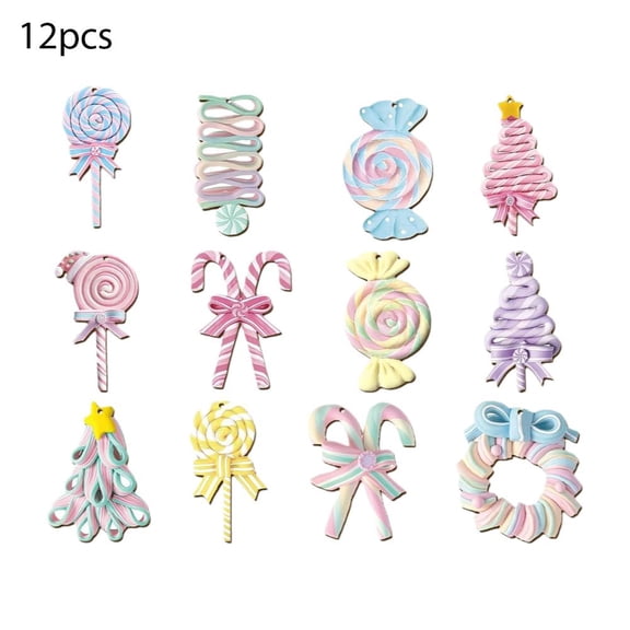 Christmas Pastel Candy Ornaments, Colorful Candy Wooden Ornaments Christmas Tree Hanging Pendants, CandyCane Hanging Wood Sign Crafts Tree Decor for Holiday Party Home