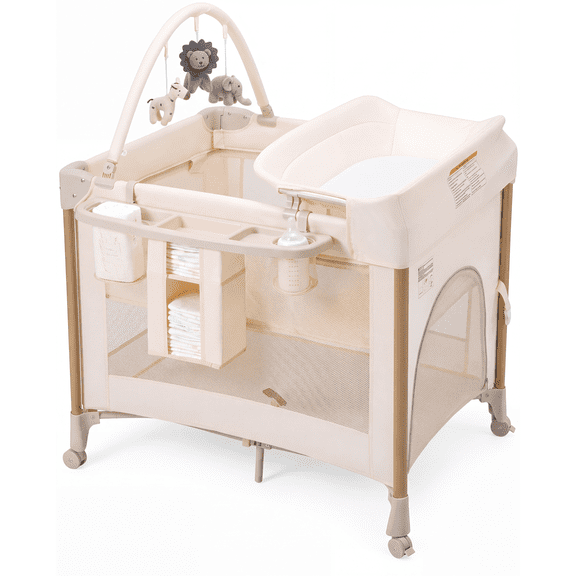 PRVAETU 4-in-1 Baby Playard with Bassinet,Portable Playpen with Changing Table,Pack and Play for Newborn,Beige