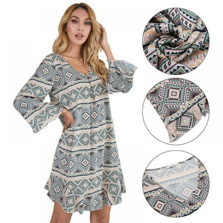 

ShengShi Long Sleeve V-neck Sexy Print Nightgown Nightgown Casual Nightgown L