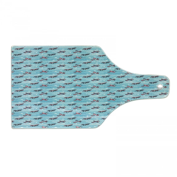 Vintage Airplane Cutting Board, Retro Colorful Propeller Planes on Horizontal Striped Backdrop with Dots, Tempered Glass Cutting and Serving Board, Wine Bottle Shape, Multicolor, by Ambesonne