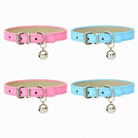 4 Pack Pet Collars with Bell, X‑Sized Adjustable Leather Collar with Metal Buckle, 2 Colors 2 Pieces Each for Kittens Puppies Small Dogs