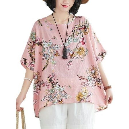 Avamo Women T Shirt Crew Neck T-shirt Floral Print Tee Ladies Casual Tunic Blouse Holiday Summer Tops Dahua (3337) One Size