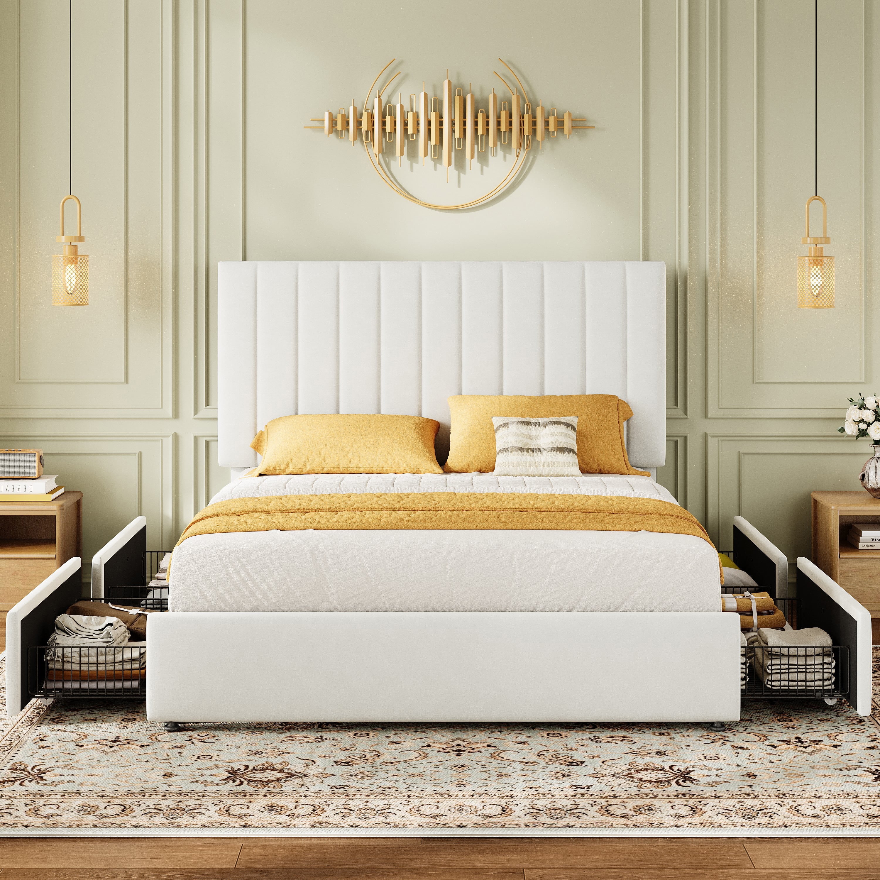 Amolife Full Bed Frame with Adjustable Velvet-Wrapped Headboard and 4 Storage Drawers, No Box Spring Required, White