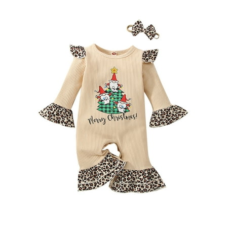 

Infant Baby Girls Christmas Romper Letter Hat Tree Print Flare Long Sleeve Jumpsuits Plaid Leopard Patchwork Bodysuits